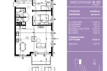 Rzut - Mieszkanie na sprzedaż 3 pokoje o powierzchni 70,92 m² - numer B-20 w AURA Warszewo