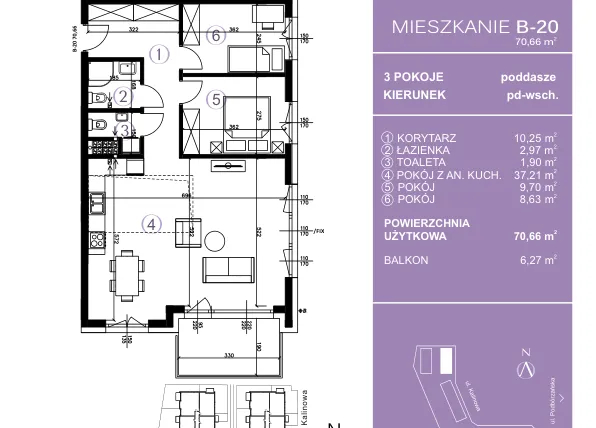 Rzut - Mieszkanie na sprzedaż 3 pokoje o powierzchni 70,92 m² - numer B-20 w AURA Warszewo