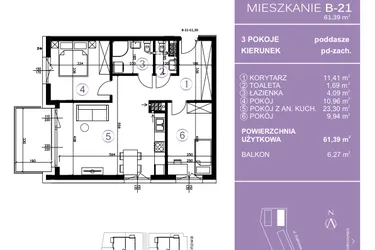 Rzut - Mieszkanie na sprzedaż 3 pokoje o powierzchni 61,67 m² - numer B-21 w AURA Warszewo