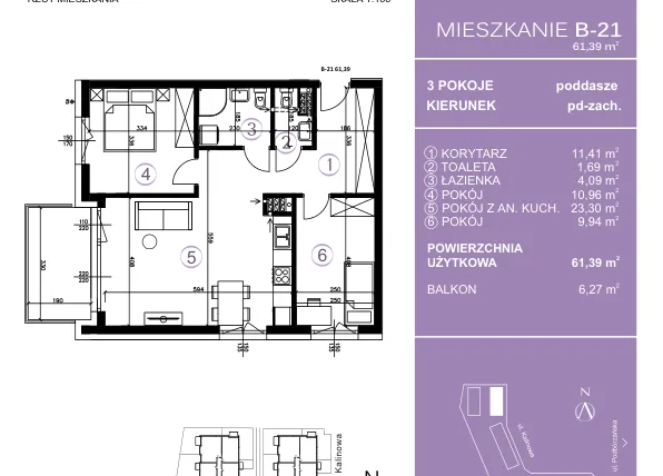 Rzut - Mieszkanie na sprzedaż 3 pokoje o powierzchni 61,67 m² - numer B-21 w AURA Warszewo