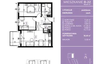 Rzut - Mieszkanie na sprzedaż 3 pokoje o powierzchni 58,78 m² - numer B-22 w AURA Warszewo