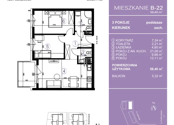 Rzut - Mieszkanie na sprzedaż 3 pokoje o powierzchni 58,78 m² - numer B-22 w AURA Warszewo