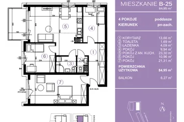 Rzut - Mieszkanie na sprzedaż 4 pokoje o powierzchni 85,5 m² - numer B-25 w AURA Warszewo