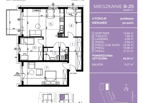 Rzut - Mieszkanie na sprzedaż 4 pokoje o powierzchni 85,5 m² - numer B-25 w AURA Warszewo