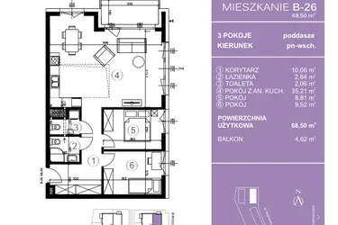 Rzut - Mieszkanie na sprzedaż 3 pokoje o powierzchni 68,86 m² - numer B-26 w AURA Warszewo