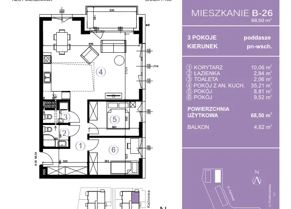 Rzut - Mieszkanie na sprzedaż 3 pokoje o powierzchni 68,86 m² - numer B-26 w AURA Warszewo