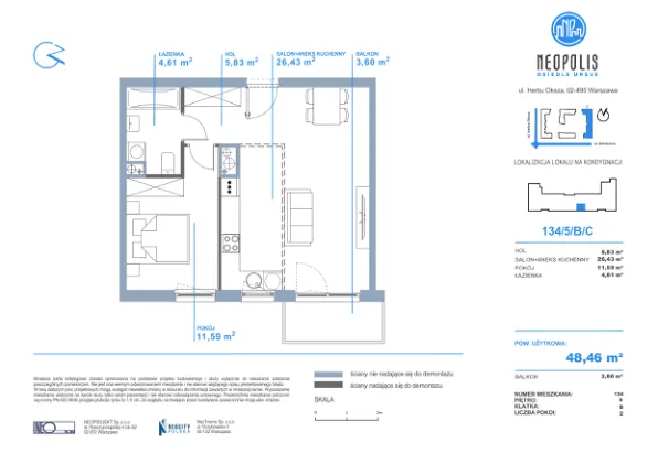 Rzut - Mieszkanie na sprzedaż 2 pokoje o powierzchni 48,46 m² - numer C.134 w Neopolis III