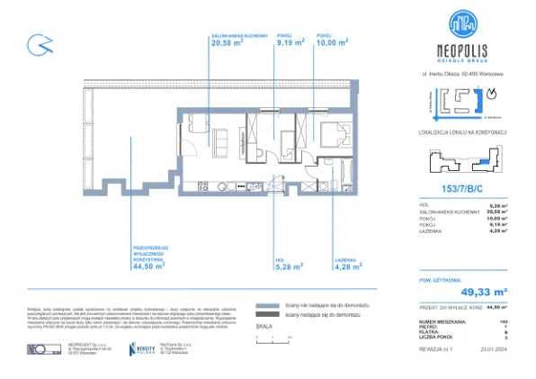 Rzut - Mieszkanie na sprzedaż 3 pokoje o powierzchni 49,33 m² - numer C.153 w Neopolis III