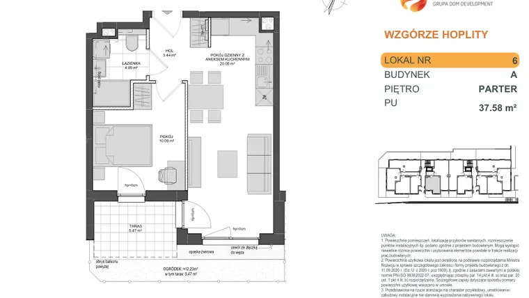 Rzut - Mieszkanie na sprzedaż 2 pokoje o powierzchni 37,58 m² - numer 1_1_A_0_6 w Wzgórze Hoplity