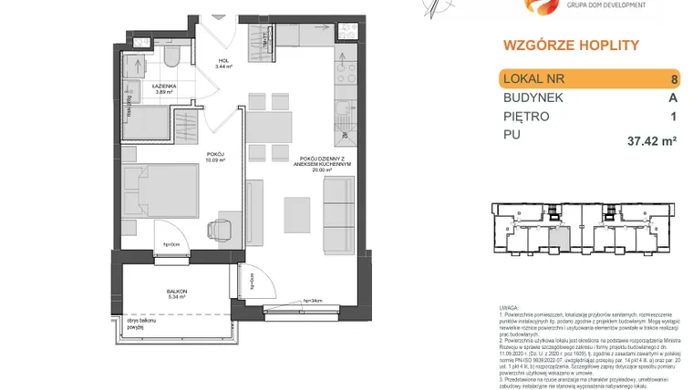 Rzut - Mieszkanie na sprzedaż 2 pokoje o powierzchni 37,42 m² - numer 1_1_A_1_8 w Wzgórze Hoplity
