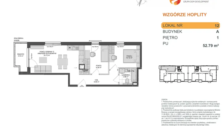 Rzut - Mieszkanie na sprzedaż 3 pokoje o powierzchni 52,79 m² - numer 1_1_A_1_12 w Wzgórze Hoplity