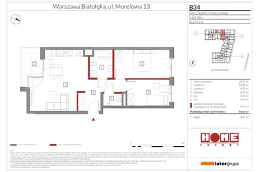 Rzut - Mieszkanie na sprzedaż 3 pokoje o powierzchni 62,24 m² - numer B34 w Przystań Żerań