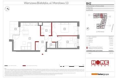 Rzut - Mieszkanie na sprzedaż 3 pokoje o powierzchni 62,29 m² - numer B42 w Przystań Żerań
