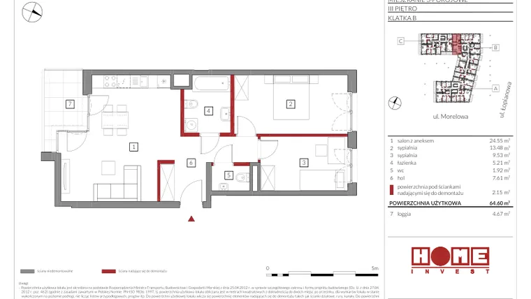 Rzut - Mieszkanie na sprzedaż 3 pokoje o powierzchni 62,29 m² - numer B42 w Przystań Żerań