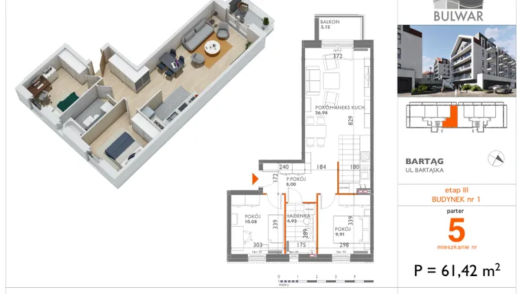 Rzut - Mieszkanie na sprzedaż 3 pokoje o powierzchni 61,42 m² - numer B3.5 w Bulwar bud. 3