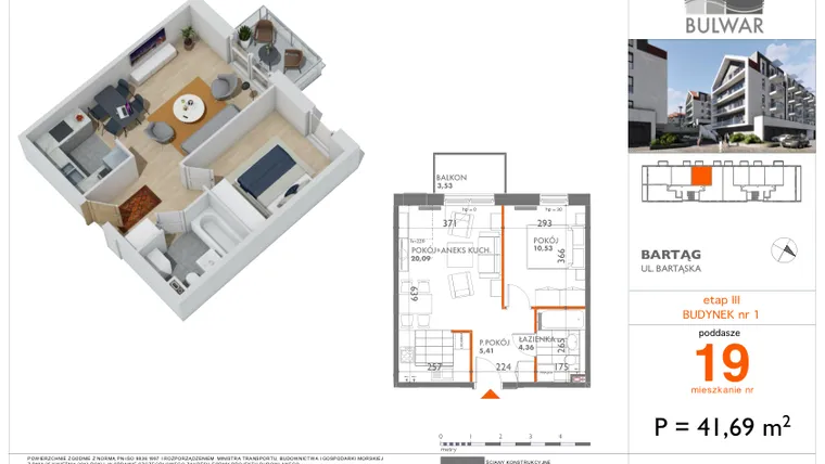 Rzut - Mieszkanie na sprzedaż 2 pokoje o powierzchni 41,69 m² - numer B3.19 w Bulwar bud. 3