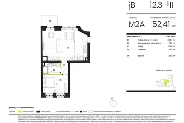 Rzut - Mieszkanie na sprzedaż 2 pokoje o powierzchni 52,41 m² - numer B.2.3 w Ogrody Staromiejskie