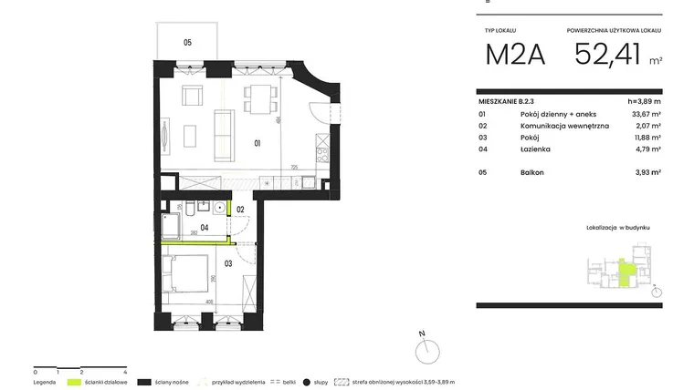 Rzut - Mieszkanie na sprzedaż 2 pokoje o powierzchni 52,41 m² - numer B.2.3 w Ogrody Staromiejskie