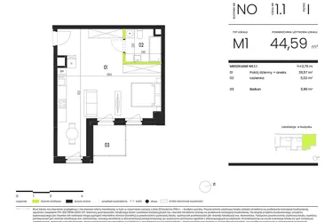 Rzut - Mieszkanie na sprzedaż 1 pokój o powierzchni 44,59 m² - numer NO.1.1 w Ogrody Staromiejskie