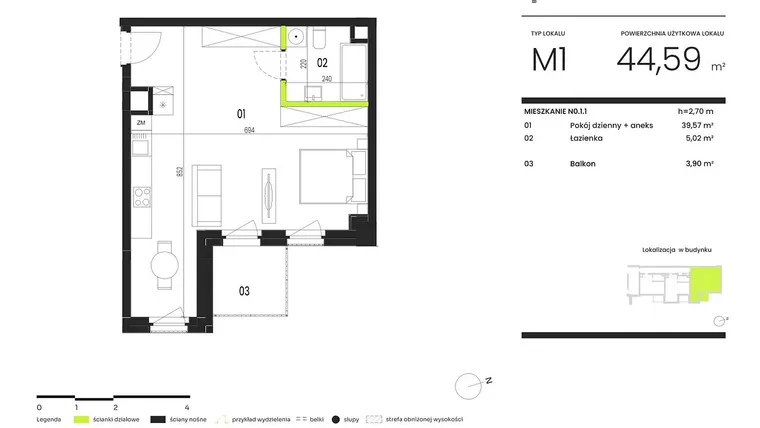 Rzut - Mieszkanie na sprzedaż 1 pokój o powierzchni 44,59 m² - numer NO.1.1 w Ogrody Staromiejskie