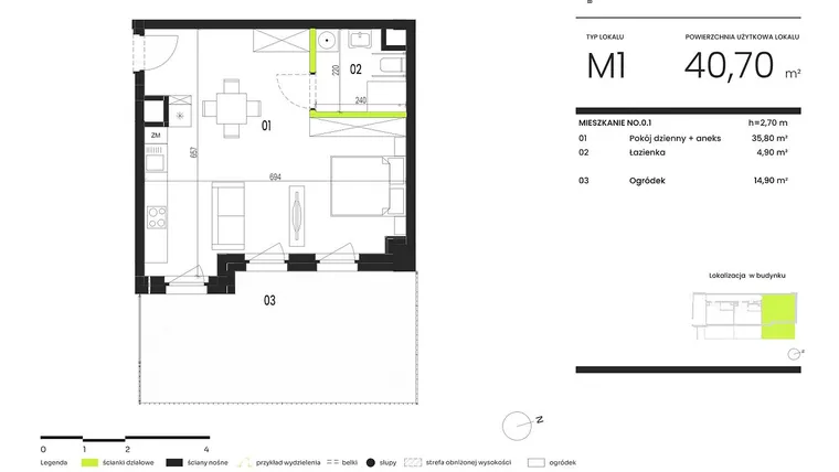 Rzut - Mieszkanie na sprzedaż 1 pokój o powierzchni 40,7 m² - numer NO.0.1 w Ogrody Staromiejskie