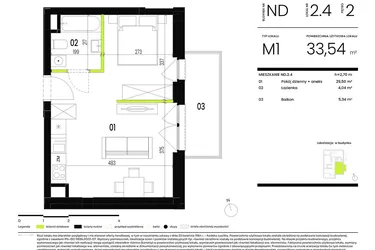 Rzut - Mieszkanie na sprzedaż 1 pokój o powierzchni 33,54 m² - numer ND.2.4 w Ogrody Staromiejskie