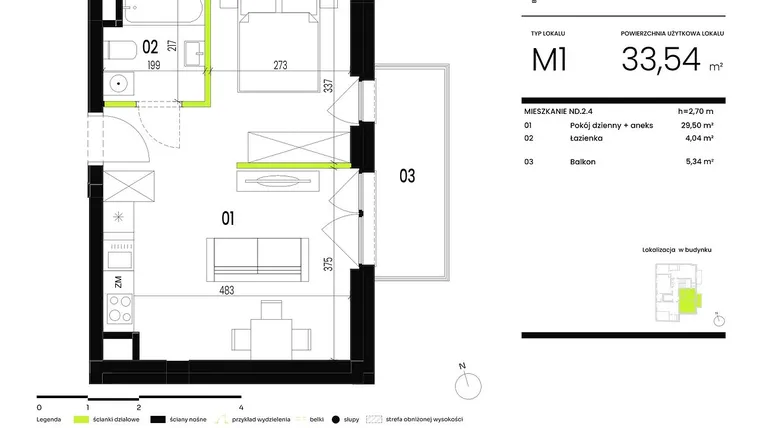 Rzut - Mieszkanie na sprzedaż 1 pokój o powierzchni 33,54 m² - numer ND.2.4 w Ogrody Staromiejskie