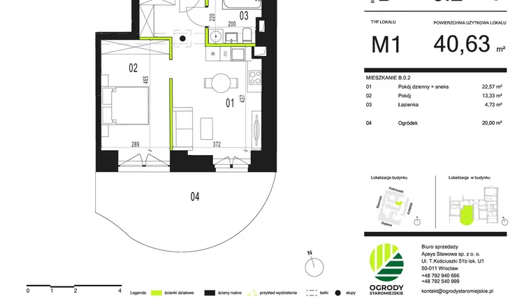 Rzut - Mieszkanie na sprzedaż 1 pokój o powierzchni 42,12 m² - numer B.0.2 w Ogrody Staromiejskie