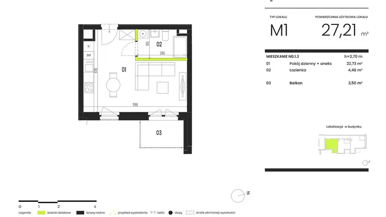 Rzut - Mieszkanie na sprzedaż 1 pokój o powierzchni 27,21 m² - numer NO.1.3 w Ogrody Staromiejskie