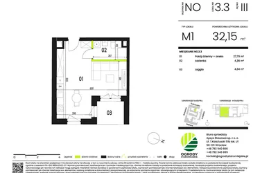 Rzut - Mieszkanie na sprzedaż 1 pokój o powierzchni 27,21 m² - numer NO.3.3 w Ogrody Staromiejskie
