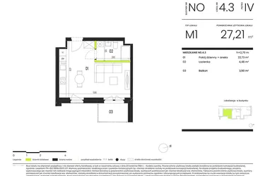 Rzut - Mieszkanie na sprzedaż 1 pokój o powierzchni 27,21 m² - numer NO.4.3 w Ogrody Staromiejskie