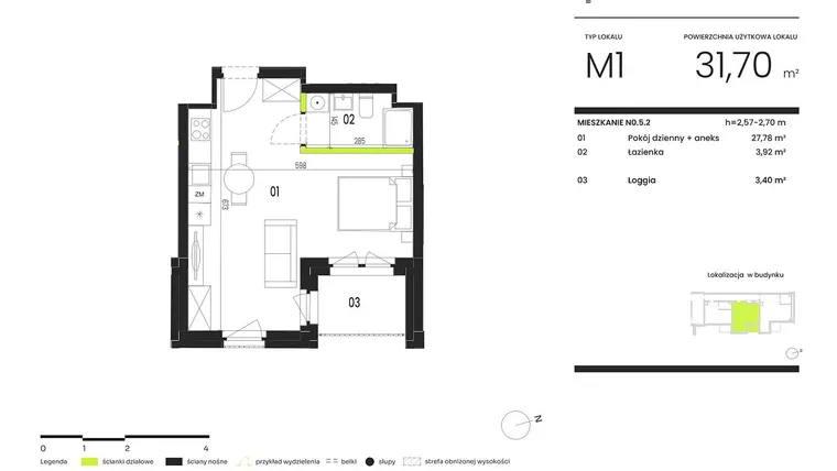Rzut - Mieszkanie na sprzedaż 1 pokój o powierzchni 31,7 m² - numer NO.5.2 w Ogrody Staromiejskie