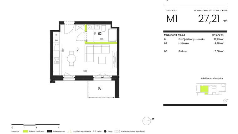 Rzut - Mieszkanie na sprzedaż 1 pokój o powierzchni 27,21 m² - numer NO.5.3 w Ogrody Staromiejskie