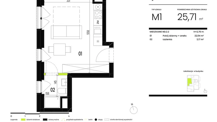 Rzut - Mieszkanie na sprzedaż 1 pokój o powierzchni 25,71 m² - numer ND.2.2 w Ogrody Staromiejskie