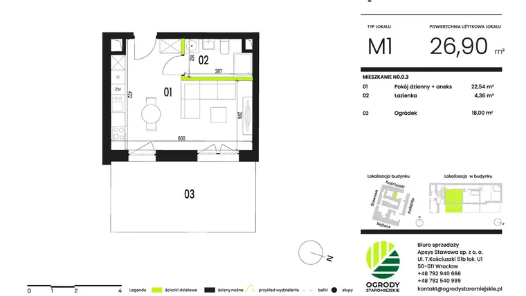 Rzut - Mieszkanie na sprzedaż 1 pokój o powierzchni 27,08 m² - numer NO.0.3 w Ogrody Staromiejskie