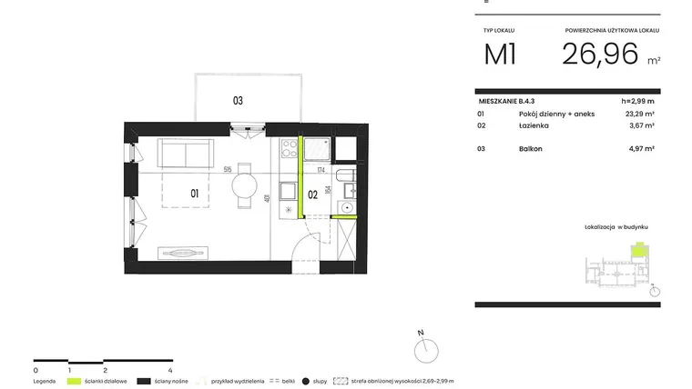 Rzut - Mieszkanie na sprzedaż 1 pokój o powierzchni 26,96 m² - numer B.4.3 w Ogrody Staromiejskie