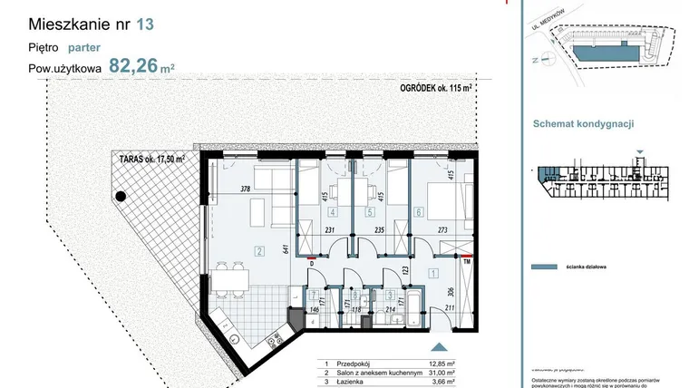 Rzut - Mieszkanie na sprzedaż 4 pokoje o powierzchni 82,26 m² - numer 13 w Medyków 32