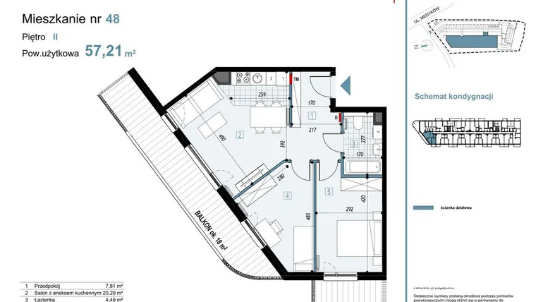 Rzut - Mieszkanie na sprzedaż 3 pokoje o powierzchni 57,36 m² - numer 48 w Medyków 32