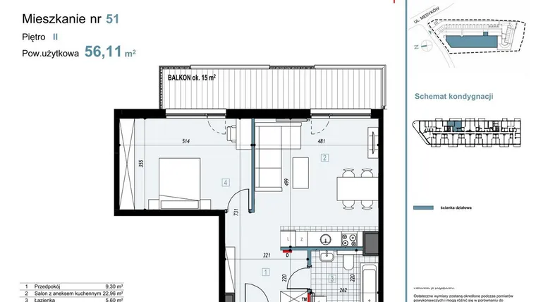 Rzut - Mieszkanie na sprzedaż 2 pokoje o powierzchni 56,11 m² - numer 51 w Medyków 32