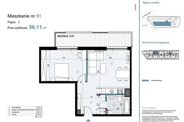 Rzut - Mieszkanie na sprzedaż 2 pokoje o powierzchni 56,38 m² - numer 51 w Medyków 32