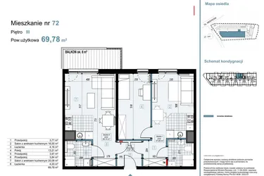 Rzut - Mieszkanie na sprzedaż 3 pokoje o powierzchni 70,61 m² - numer 72 w Medyków 32