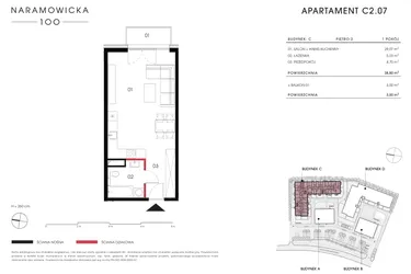 Rzut - Mieszkanie na sprzedaż 1 pokój o powierzchni 38,8 m² - numer C 2.07 w Naramowicka 100