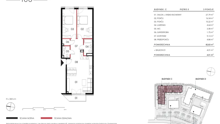 Rzut - Mieszkanie na sprzedaż 3 pokoje o powierzchni 82,83 m² - numer C 3.09 w Naramowicka 100