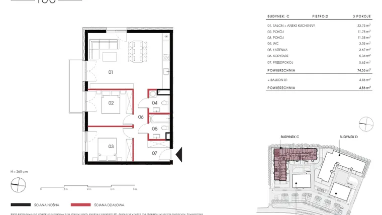 Rzut - Mieszkanie na sprzedaż 3 pokoje o powierzchni 74,55 m² - numer C 2.06 w Naramowicka 100