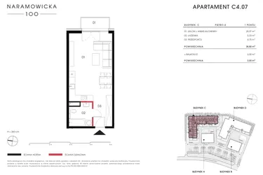 Rzut - Mieszkanie na sprzedaż 1 pokój o powierzchni 38,8 m² - numer C 4.07 w Naramowicka 100