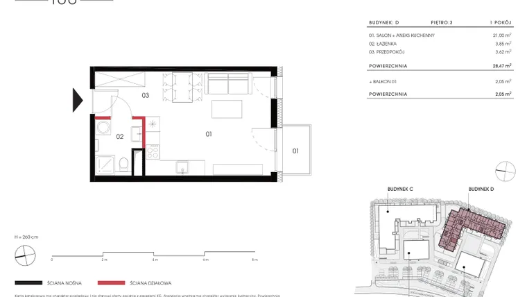 Rzut - Mieszkanie na sprzedaż 1 pokój o powierzchni 28,47 m² - numer D 3.02 w Naramowicka 100