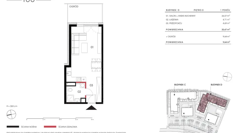 Rzut - Mieszkanie na sprzedaż 1 pokój o powierzchni 35,47 m² - numer D 0.07 w Naramowicka 100