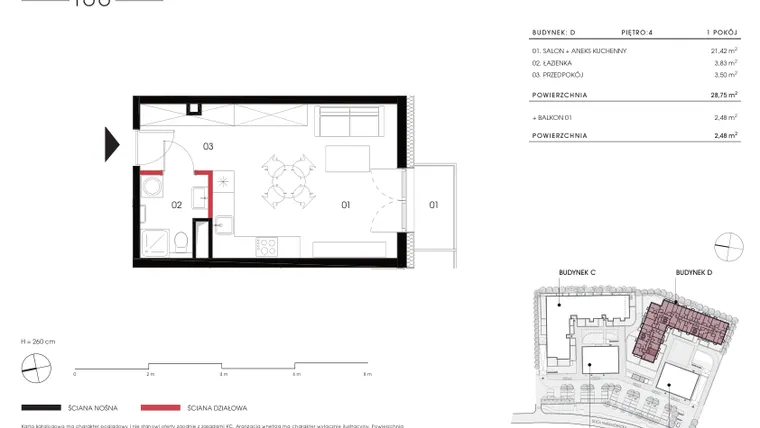 Rzut - Mieszkanie na sprzedaż 1 pokój o powierzchni 28,75 m² - numer D 4.03 w Naramowicka 100