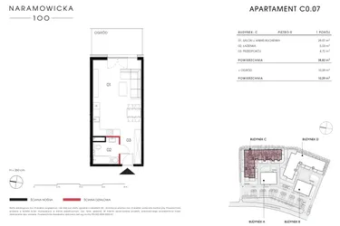 Rzut - Mieszkanie na sprzedaż 1 pokój o powierzchni 38,82 m² - numer C 0.07 w Naramowicka 100
