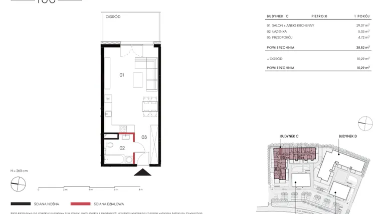 Rzut - Mieszkanie na sprzedaż 1 pokój o powierzchni 38,82 m² - numer C 0.07 w Naramowicka 100